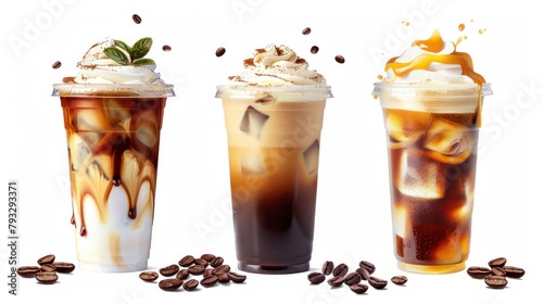 Banner Set of ice cappuccino, ice caramel latte coffee and black americano coffee cold isolated clipping path clean cut on white background.