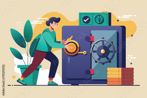 A man is unlocking a safe with a green plant beside him, Someone is securing the safe, Simple and minimalist flat Vector Illustration