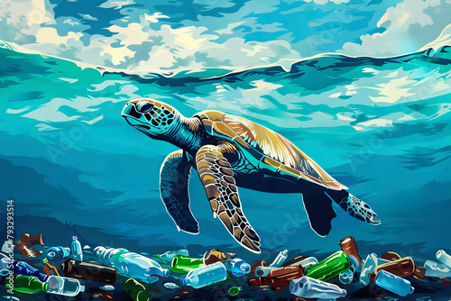 Hawksbill sea turtle navigating through plasticfilled waters illustration in comic style