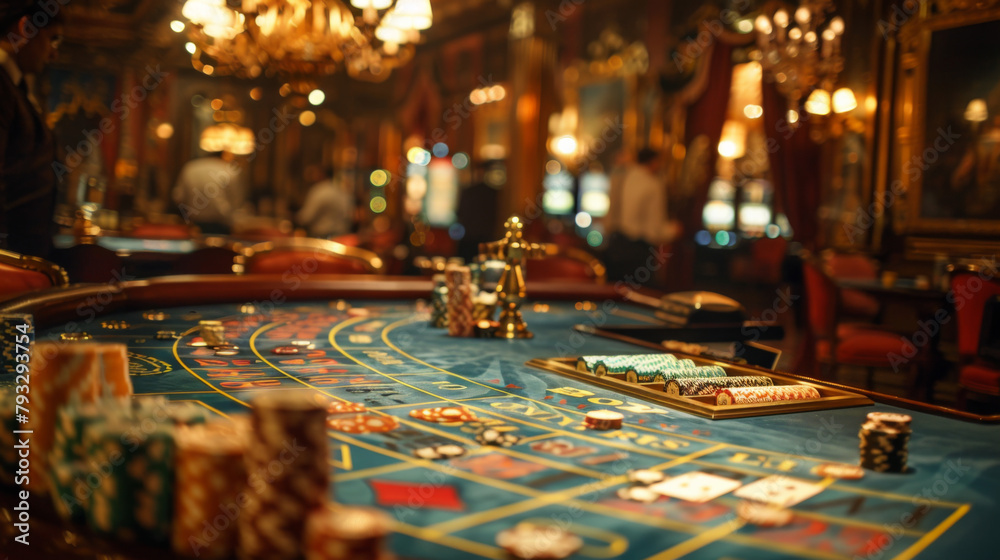 A cinematic wide-angle shot of a casino table with cards and chips, capturing the vibrant atmosphere.