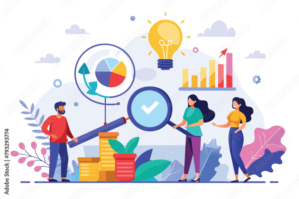 Group of individuals carefully analyzing data on a chart through a magnifying glass, Some people are looking for ideas and analysis to increase revenue, Simple and minimalist flat Vector Illustration