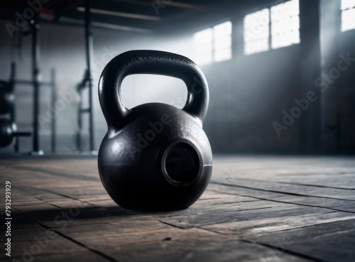 Black dumbbell on the floor of an empty gym