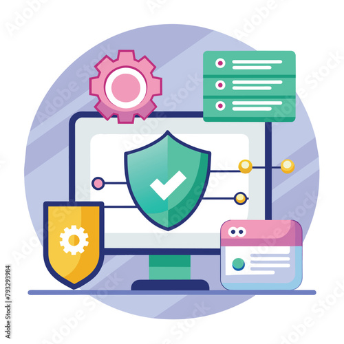 A computer screen display featuring a shield symbol with an additional protective shield icon for enhanced security, ssl technology study, Simple and minimalist flat Vector Illustration