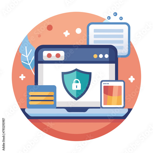 A laptop with a padlock on the screen, indicating security measures in place to protect data, ssl technology study, Simple and minimalist flat Vector Illustration