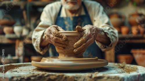 Ceramicist shaping clay on a pottery wheel in a workshop. photo