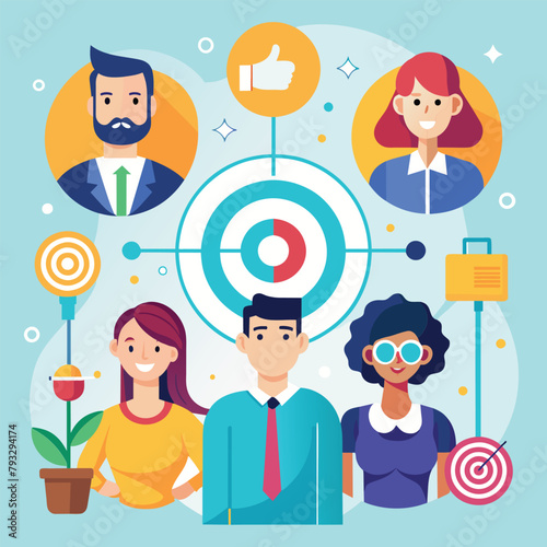 Group of People Standing in Front of Target, Staff management perspective definition target orientation, teamwork organization, Simple and minimalist flat Vector Illustration