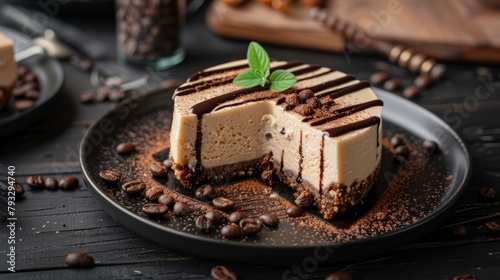 Coffee Cheesecake on Black Plate with Dark Wooden Surface.