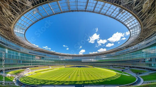 A baseball stadium under a blue sky in the daytime