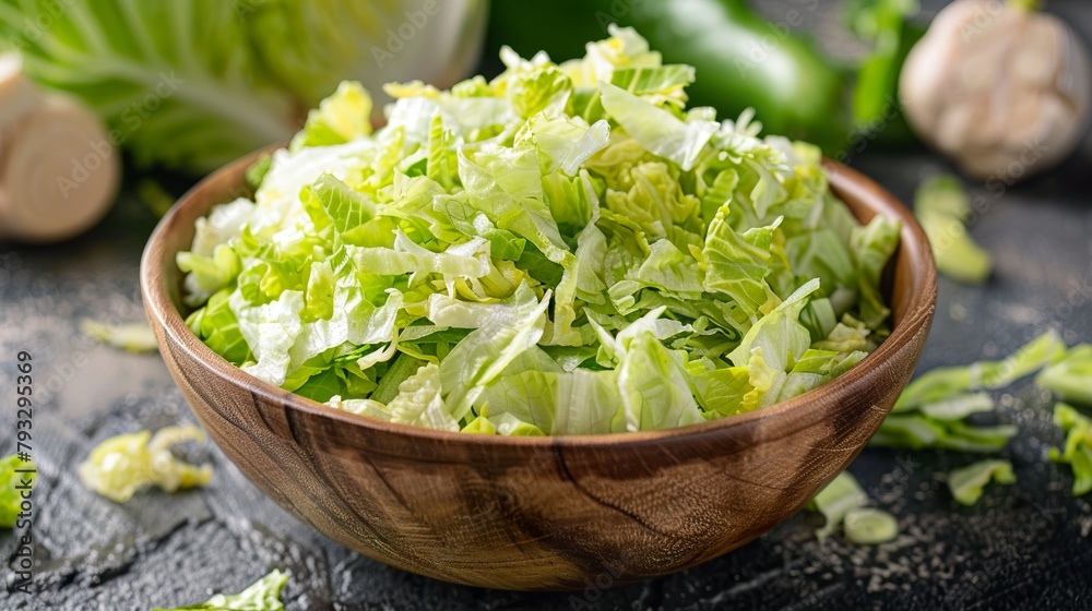 Close-up of a wooden bowl of shredded iceberg lettuce. Wooden bowl full of shredded lettuce in salad preparation for a meal.