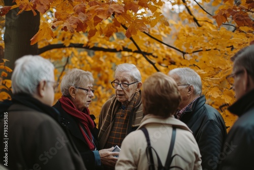 Group of senior people walking in the autumn park. Elderly people in the park.
