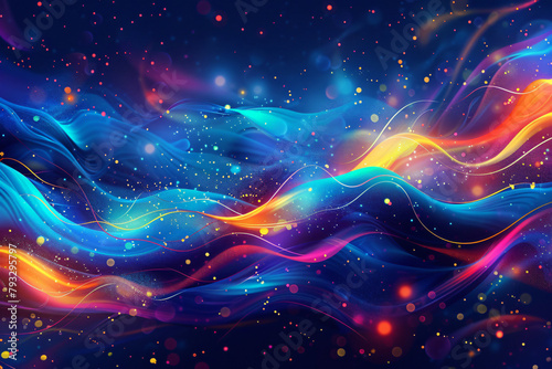 Watercolor abstract background with multicolored splashes and waves on dark blue, colorful neon lights. Vector illustration of bright glowing dots and lines in the style of fantasy. 
