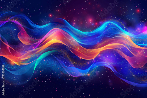 Watercolor abstract background with multicolored splashes and waves on dark blue, colorful neon lights. Vector illustration of bright glowing dots and lines in the style of fantasy. 