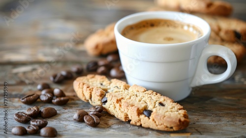 Cup of espresso and biscotti. Cup of coffee with a sweet cookie and coffee beans. Symbolic image. Rustick wooden background. Close up.  photo
