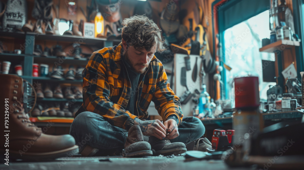 A cobbler in a plaid shirt repairs shoes in a workshop surrounded by tools and leather boots. A cobbler in a plaid shirt repairs shoes in a workshop surrounded by tools and leather boots.