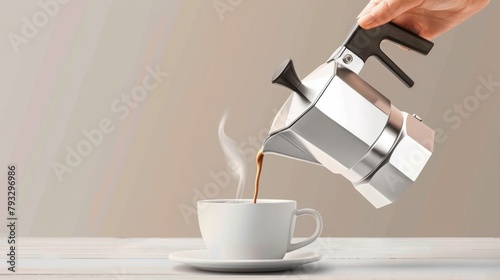 holding moka pot while pouring hot coffee into milk cup photo