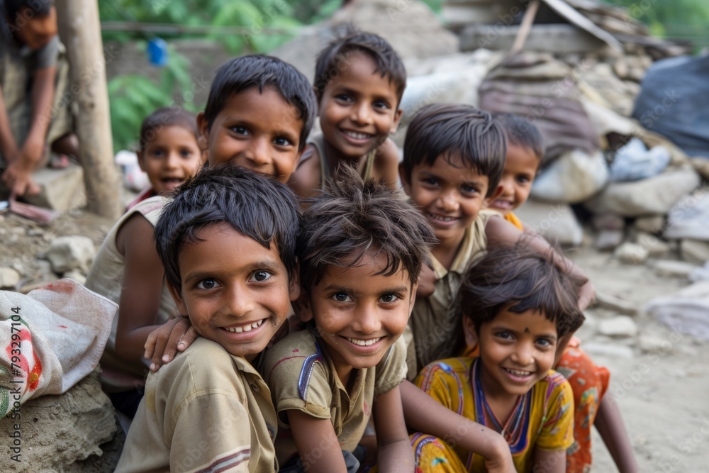 Group of Indian children in the village of Hampi, Karnataka, India