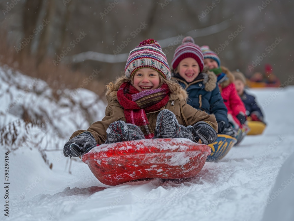 A group of children are riding on sleds down a snowy hill. They are all wearing hats and coats, and they are all smiling. The scene is cheerful and playful, and it conveys a sense of fun