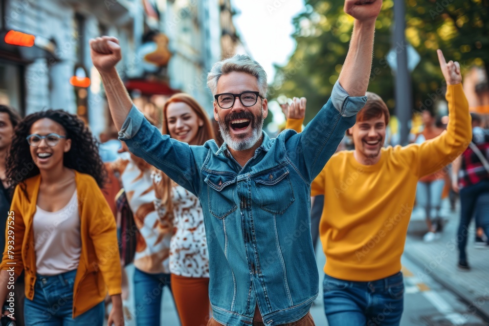 Cheerful man is raising his hands and smiling while standing on the street with his friends Cheerful man is raising his hands and smiling while standing on the street with his friends