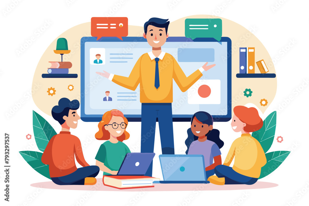 A man giving a presentation to a group of people, with students listening attentively, Students and students listen to online presentations, Simple and minimalist flat Vector Illustration