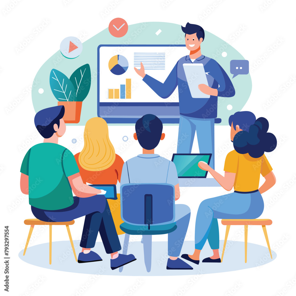 A man standing and presenting to a group of diverse students in a classroom setting, Students and students listen to online presentations, Simple and minimalist flat Vector Illustration A man standing and presenting to a group of diverse students in a classroom setting, Students and students listen to online presentations, Simple and minimalist flat Vector Illustration