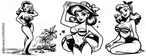 pinup woman on the beach retro style, black vector nocolor silhouette, pin up girl vintage monochrome clipart illustration, laser cutting engraving old style, comic character design