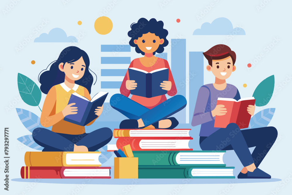 A group of individuals is seated on a stack of books, engaged in reading and studying, students read books on the internet, Simple and minimalist flat Vector Illustration