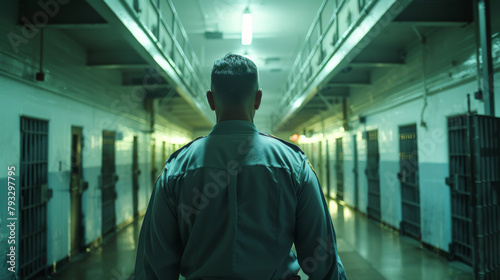 Back view of a correctional officer standing in a prison corridor, under artificial lighting. photo