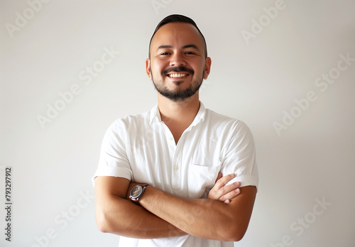 Photo of happy man wearing casual , standing with his arms crossed and smiling to the camera isolated on white background