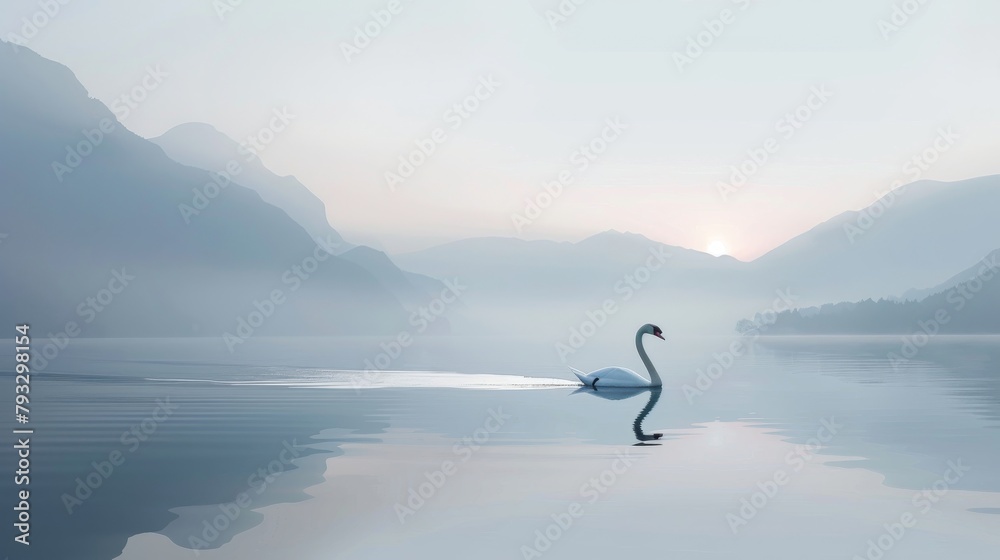 Swan floats calmly on a lake with misty mountains and dawn light. The peaceful presence of a swan on a serene lake with dawn breaking. - obrazy, fototapety, plakaty 