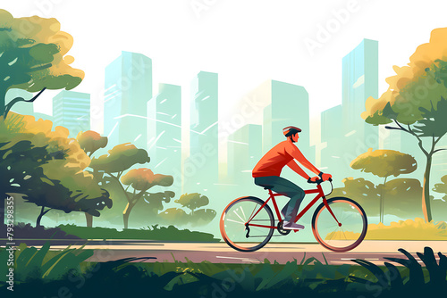 A man enjoys a peaceful bike ride in an autumn park with a serene city skyline in the background. Generative AI photo