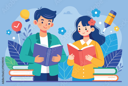 A man and a woman are seated, each reading a book in a quiet setting, Students study textbooks, Simple and minimalist flat Vector Illustration
