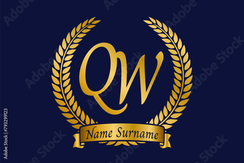 Initial letter Q and W, QW monogram logo design with laurel wreath. Luxury golden calligraphy font. photo