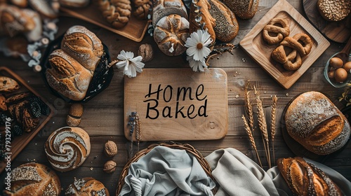 on a wooden table there is a lot of sour dough bread, text "home baked" © Pter