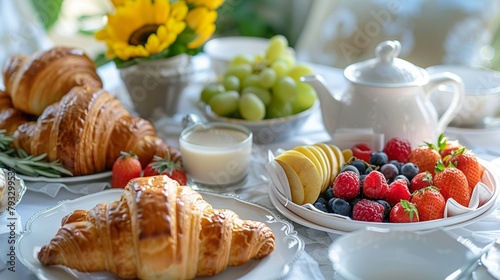 Arrange a continental breakfast on an elegant table setting. Include croissants, pastries, fresh fruits, yogurt, and a pot of coffee or tea