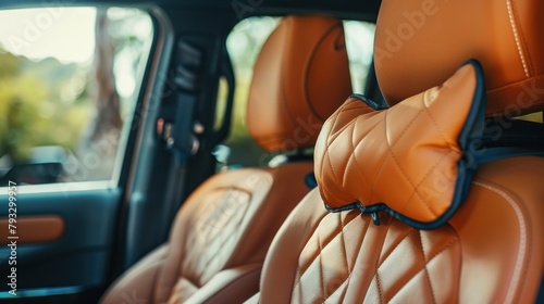 Passenger row of new pickup truck with neck pillow cushion rest back on leather-like finish artificial leather. AI generated photo