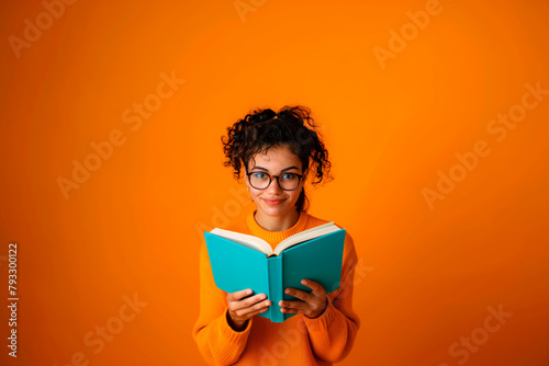 Young woman reading and enjoying a book looking at the camera in orange background