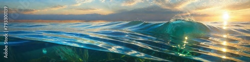 Abstract colorful illustration of splashing waves on river on midsummer sunset background, background for social media banner design, website, space for text	