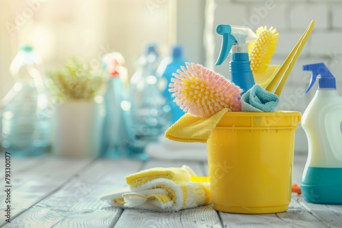 Cleaning supplies with gloves on white background. House cleaning service advertisement