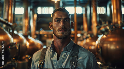A distiller with a contemplative expression stands before copper stills in a distillery.