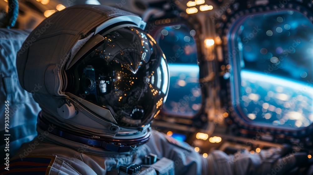 Fototapeta premium Astronaut inside spacecraft overlooking earth