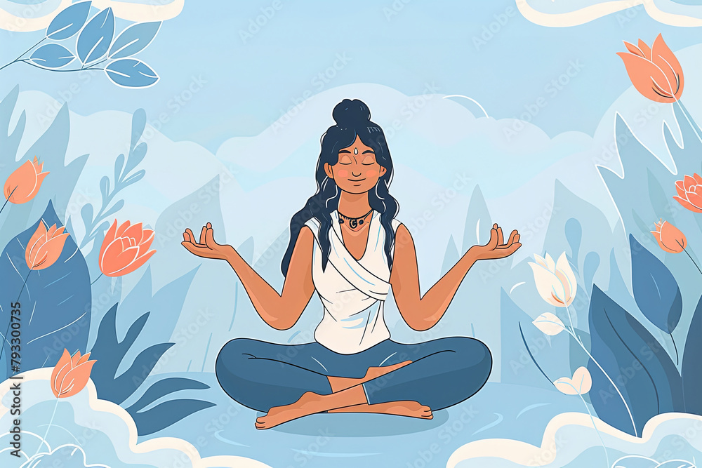Illustration Celebrating Vesak Day With Meditating Woman Among Lotus Flowers at Night