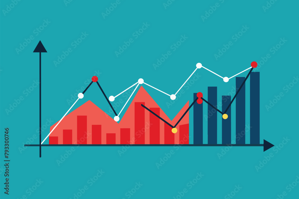 A bar chart displaying upward progress with a prominent arrow indicating growth in data, Study stock market trending, Simple and minimalist flat Vector Illustration A bar chart displaying upward progress with a prominent arrow indicating growth in data, Study stock market trending, Simple and minimalist flat Vector Illustration