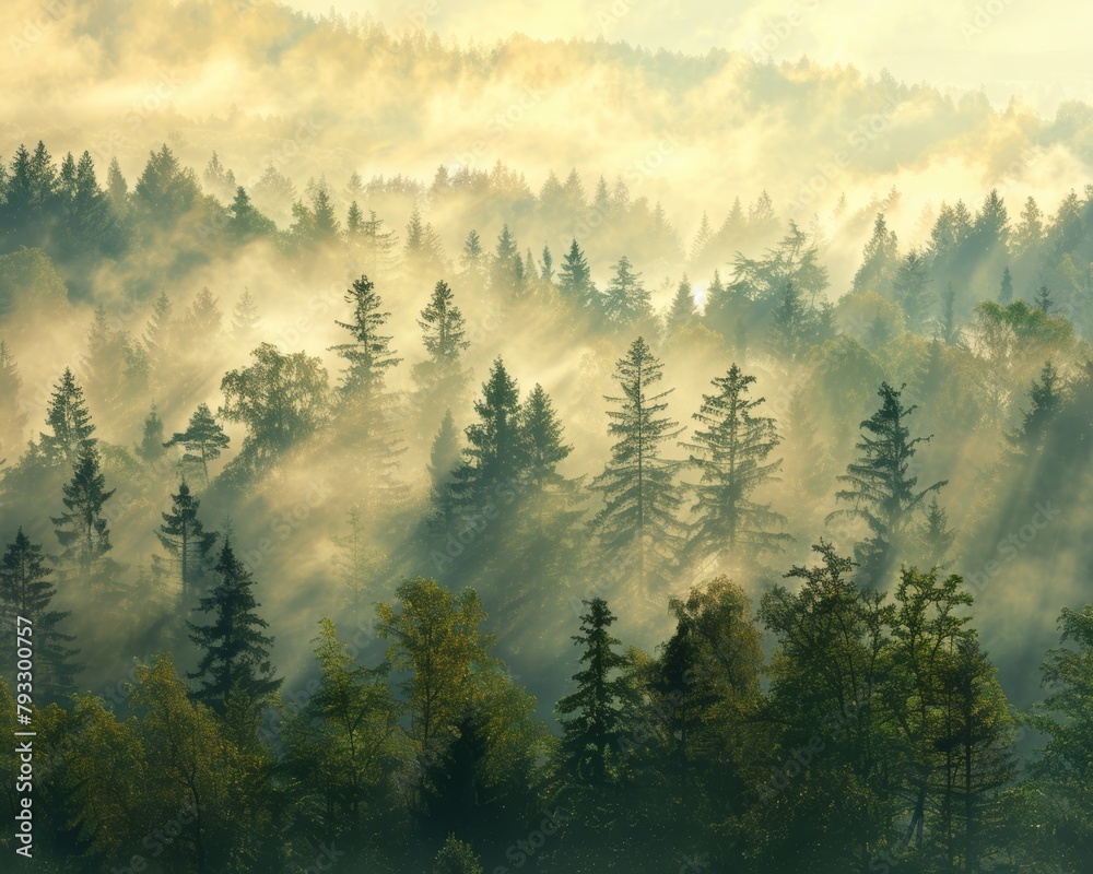 Panoramic misty coniferous forest view with sunlight filtering through tree tops