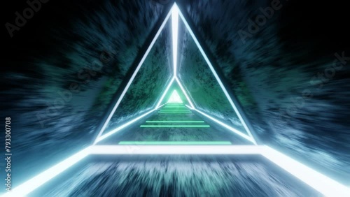 Travel fast through a colorful tunnel with neon lines and patterns towards a bright point. Seamless loop animation.