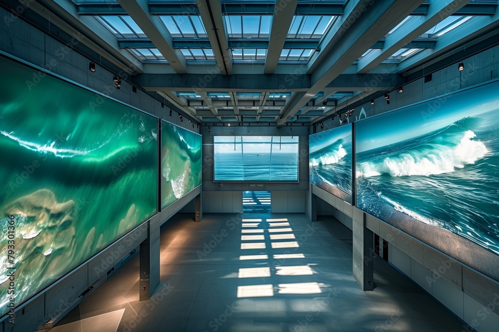 An elegant photography art gallery with a thematic exhibition of aerial seascapes. The gallery features large, panoramic photographs of the ocean taken from above.