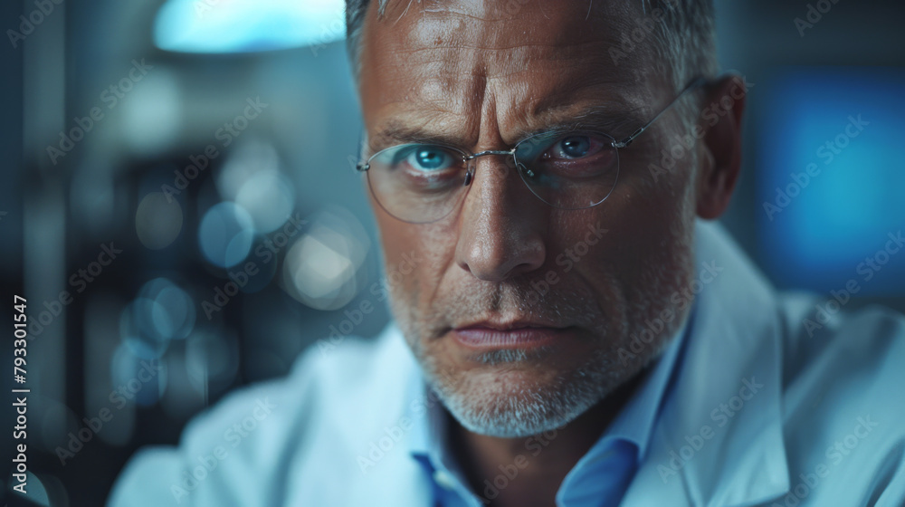 Close-up of a focused male scientist examining samples in a lab. Close-up of a focused male scientist examining samples in a lab.