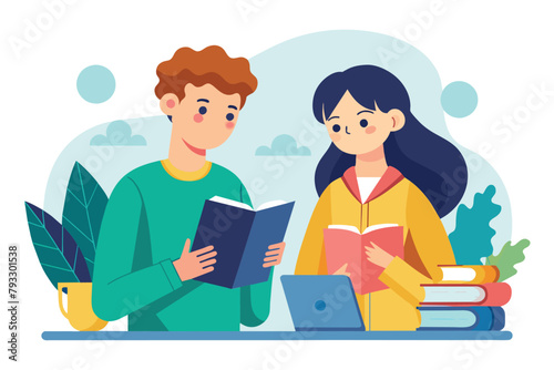 A man and a woman sitting together, engrossed in their books, reading quietly, Study with friends trending, Simple and minimalist flat Vector Illustration