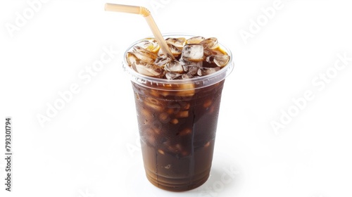 Iced coffee with straw in plastic cup isolated on white background / coffee sweet