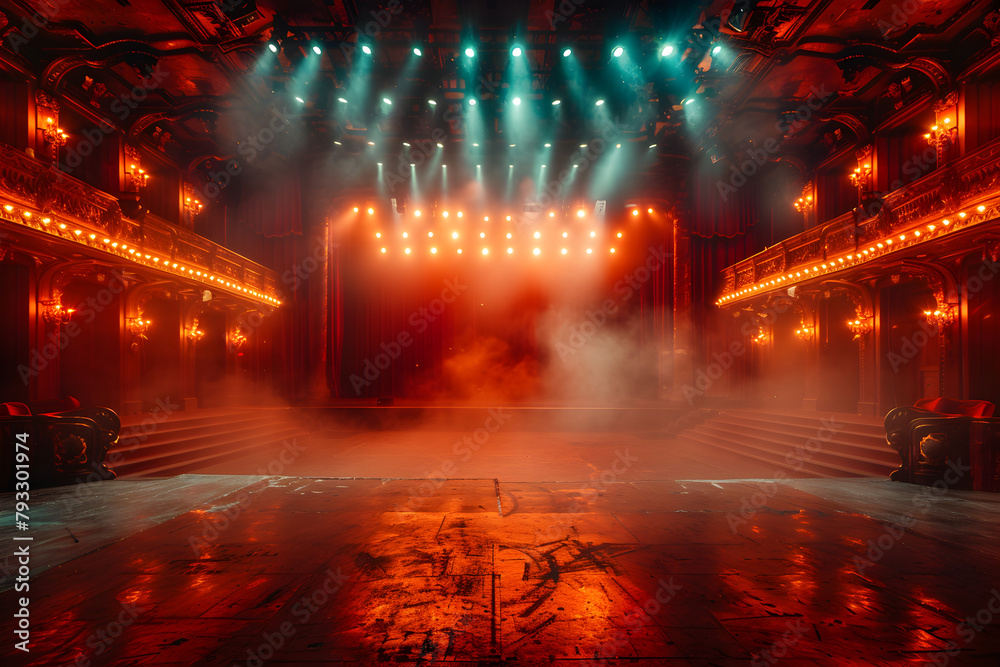 Empty Blank Stage Performance Space Showtime Lighting,
Vibrant circus lights create a magical atmosphere inside the big 