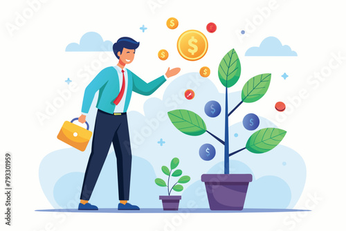 A man stands alongside a potted plant from which money is spouting out, successful investment man and earn profit, Simple and minimalist flat Vector Illustration